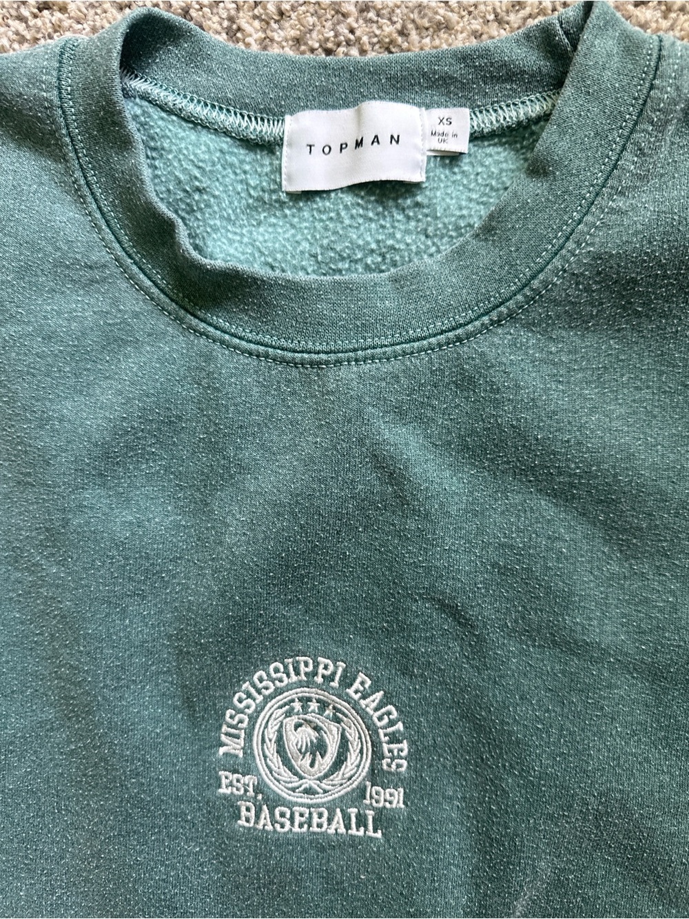 Topman mens Teal Crewneck Sweatshirt with Mississippi Eagles Embroidery